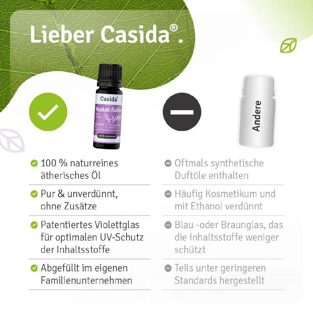 Produktflasche neben Text. Vorteile: 100% naturrein, pur, patentiertes Violettglas, abgefüllt im Familienunternehmen.