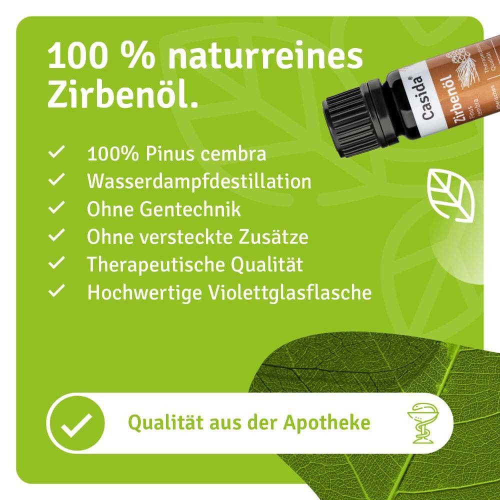 Produktflasche neben Text. Text: 100 % naturreines Zirbenöl. Qualitätsmerkmale: 100% Pinus cembra, Apothekenqualität.