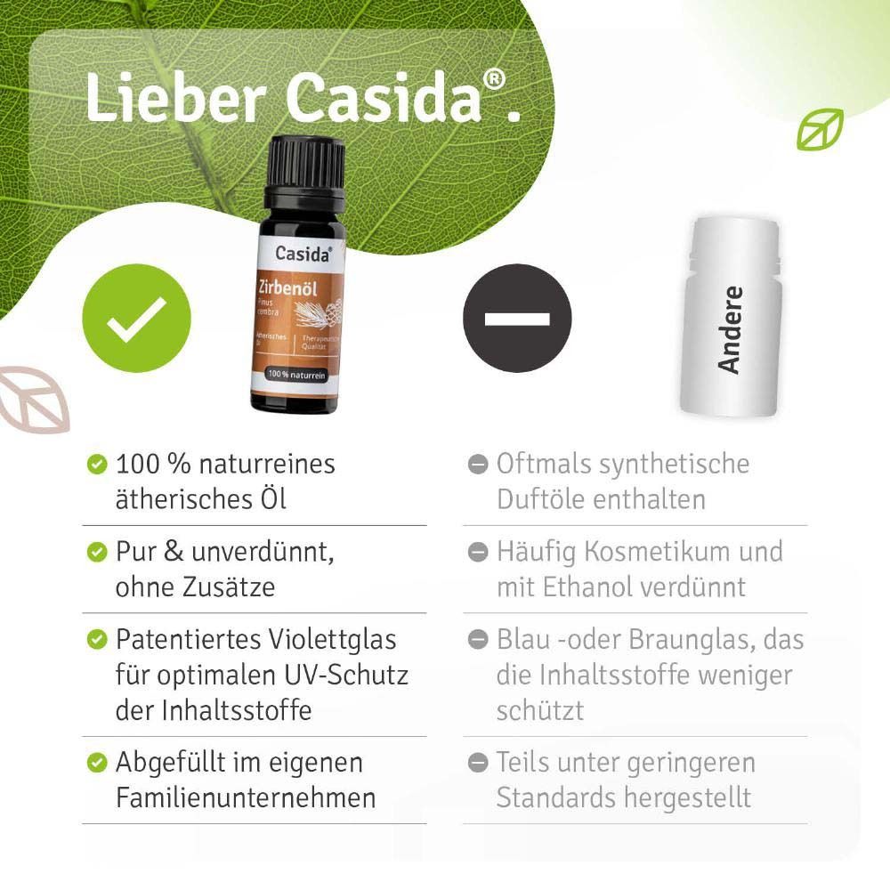 Produktflasche neben Text. Text: Lieber Casida. Vorteile: 100% naturrein, pur, patentiertes Violettglas, abgefüllt im Familienunternehmen.