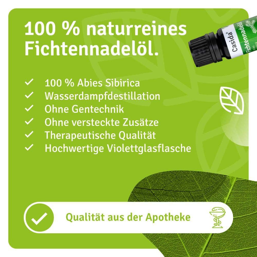 Grüner Hintergrund mit Text. Flasche "Casida Fichtennadelöl". Text: 100% naturreines Fichtennadelöl, Qualität aus der Apotheke.