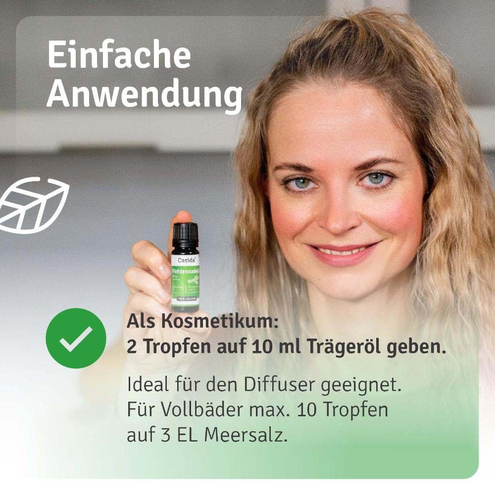 Frau mit Flasche "Casida Fichtennadelöl". Text: 2 Tropfen auf 10 ml Trägeröl. Geeignet für Diffusor und Vollbäder.