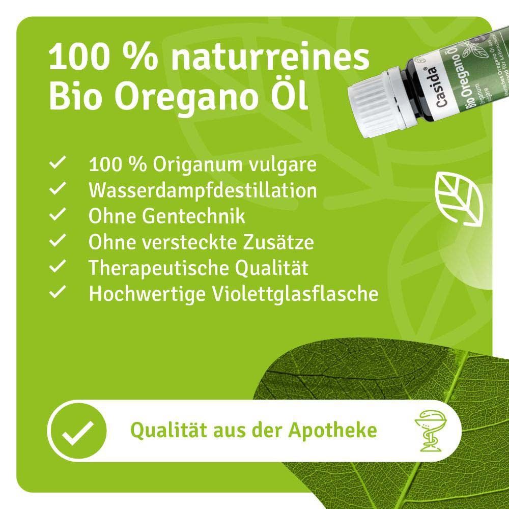 Produktflasche vor grünem Hintergrund. 100 % naturreines Bio Oregano Öl. Qualität aus der Apotheke.