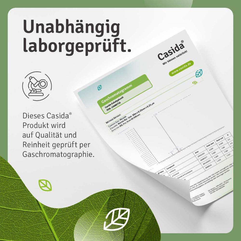 Produktflasche neben einem Laborbericht. Gaschromatogramm. Produkt auf Qualität und Reinheit geprüft.