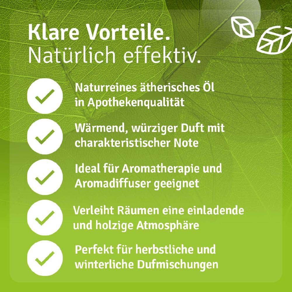 Text mit Vorteilen: Naturreines ätherisches Öl. Ideal für Aromatherapie. Verleiht Räumen eine holzige Atmosphäre.
