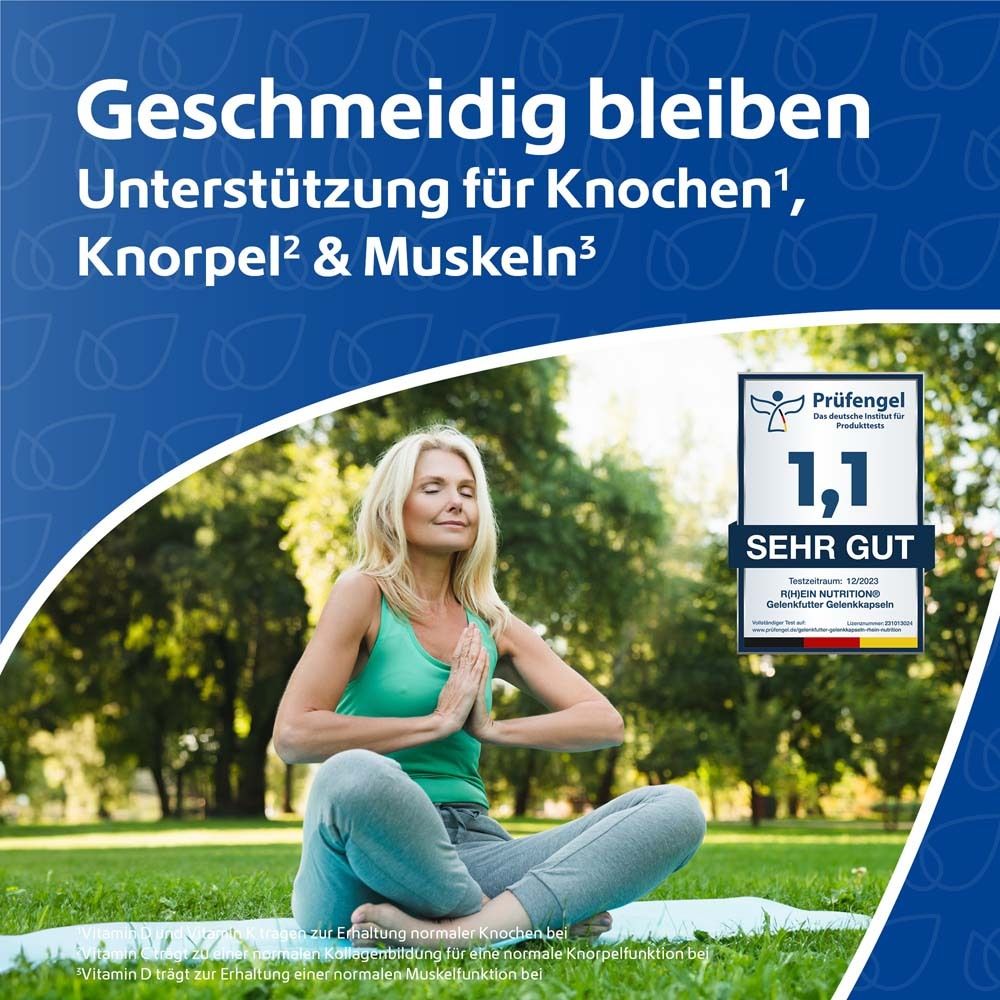 Frau sitzt im Park, Yoga-Pose. Text: Unterstützung für Knochen, Knorpel & Muskeln. Prüfengel-Siegel.