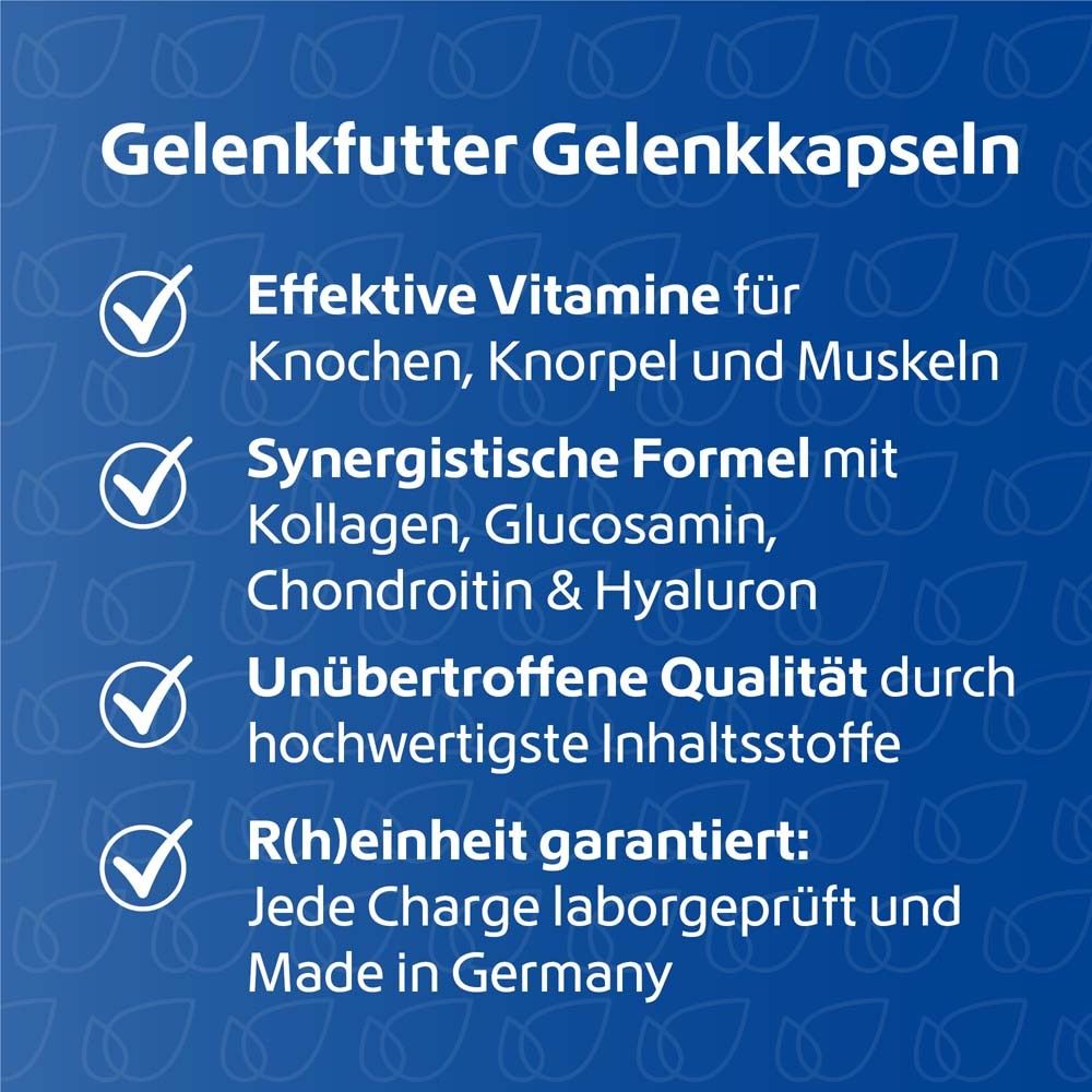 Text: Effektive Vitamine für Knochen, Knorpel und Muskeln. Synergistische Formel mit Kollagen, Glucosamin, Chondroitin & Hyaluron.