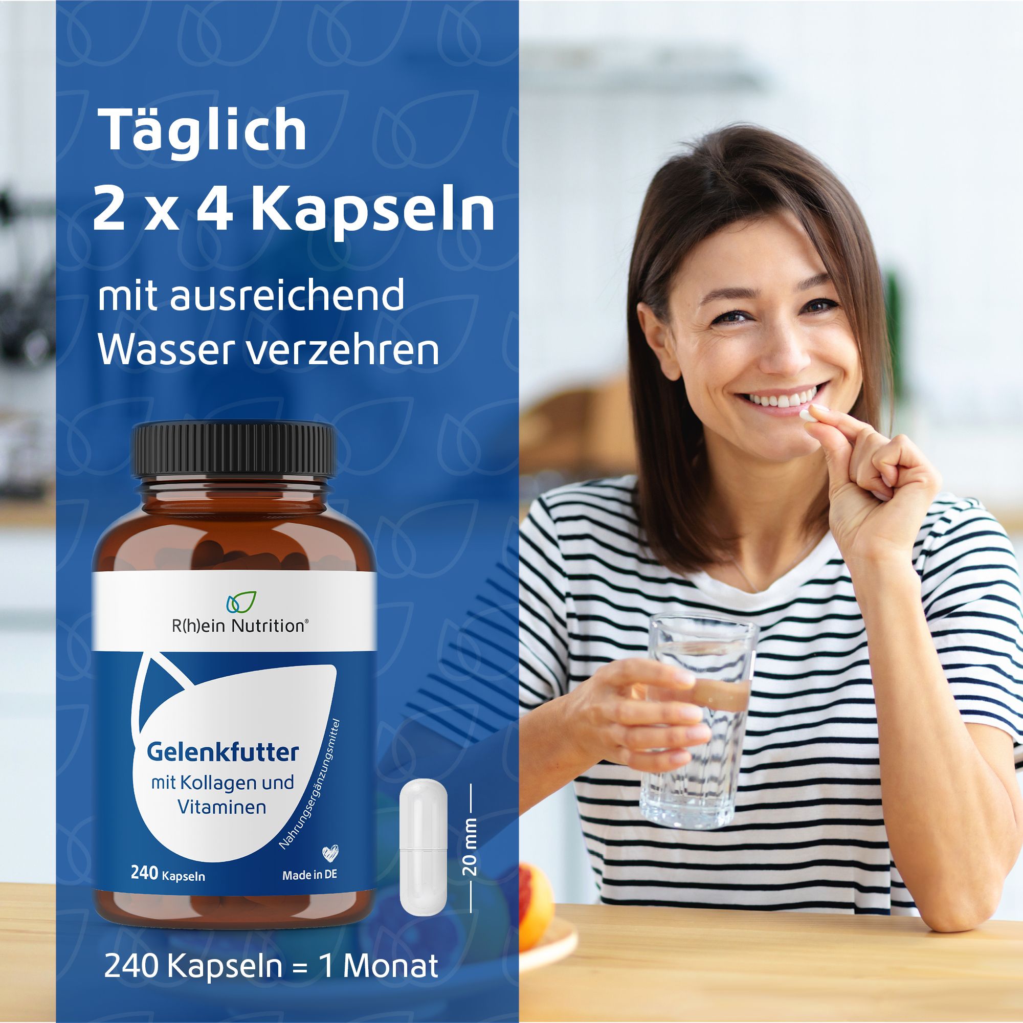 Frau nimmt Kapsel mit Wasser. Flasche mit Kapseln. Text: Täglich 2 x 4 Kapseln. 240 Kapseln = 1 Monat.