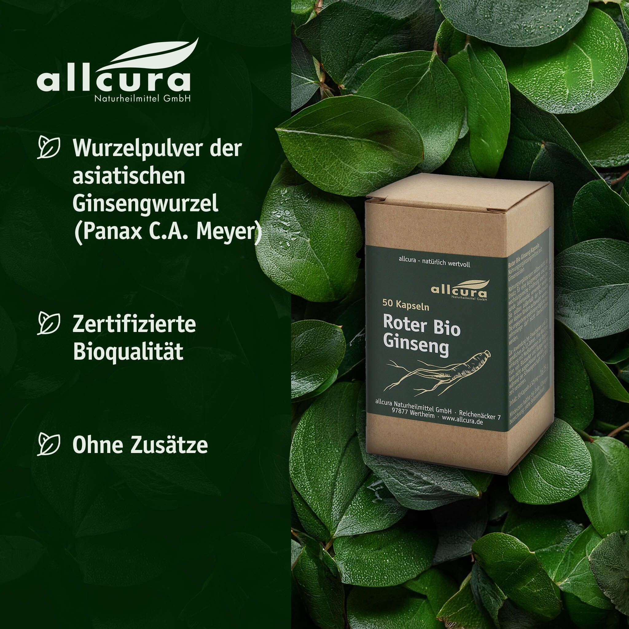 Kartonverpackung mit grüner Beschriftung. Enthält 50 Kapseln Roter Bio Ginseng. Bio-Siegel. Ohne Zusätze.
