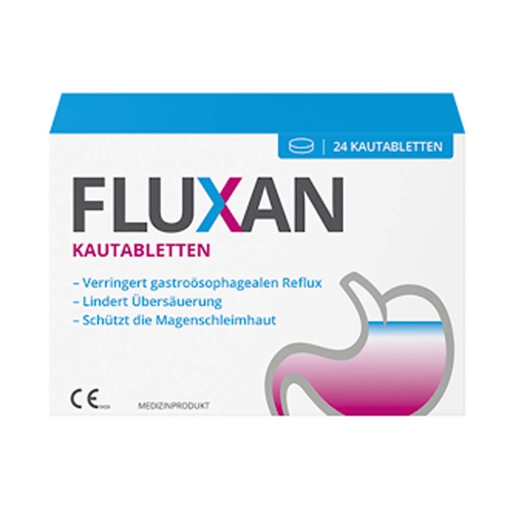 Weiße Schachtel mit "FLUXAN Kautabletten"-Logo. Enthält 24 Tabletten. Abbildung eines Magens.