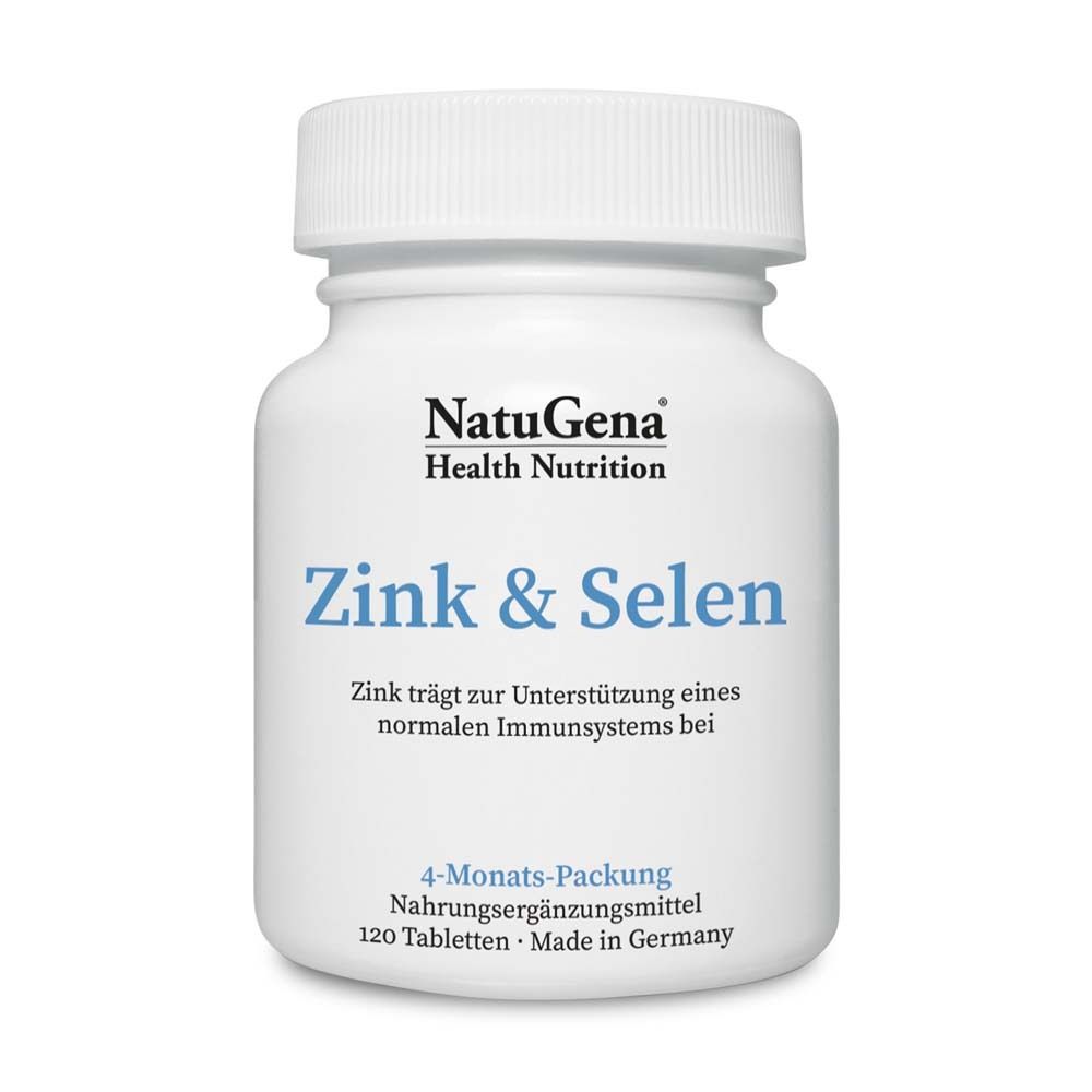 Weiße Flasche mit Aufschrift "Zink & Selen" und "NatuGena Health Nutrition". 120 Tabletten.
