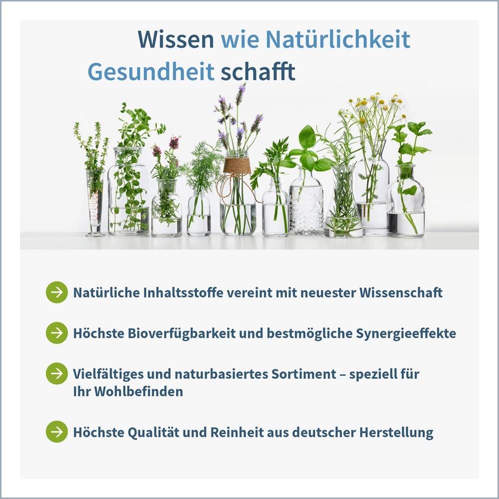 Vasen mit Pflanzen. Text: Wissen wie Natürlichkeit Gesundheit schafft. Natürliche Inhaltsstoffe.