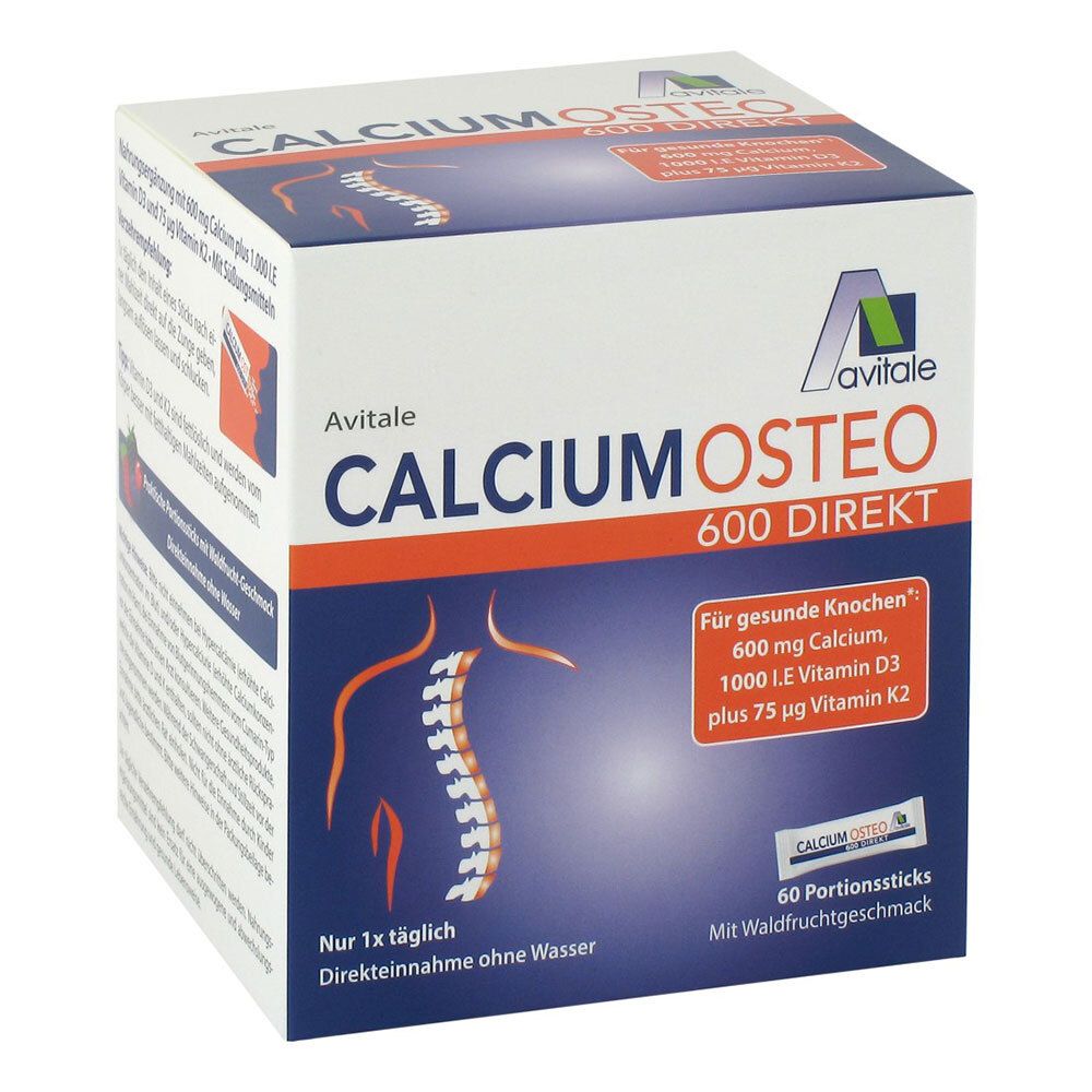 Karton Calcium Osteo 600 Direkt. Enthält 60 Portionen. Aufschrift: 600 mg Calcium, 1000 I.E. Vitamin D3, 75 µg Vitamin K2.
