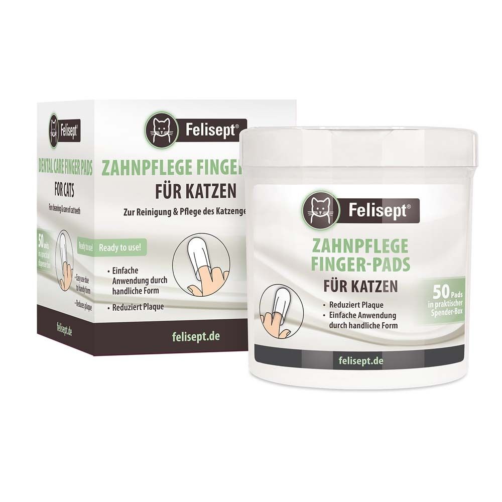 Felisept Zahnpflege Finger-Pads für Katzen. Weiße Dose und Verpackung. 50 Pads.