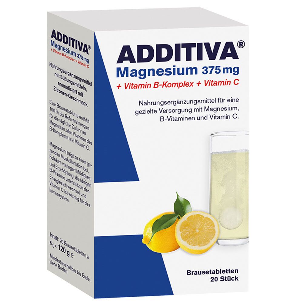 Weißer Karton mit ADDITIVA Magnesium 375mg + Vitamin B-Komplex + Vitamin C. Abbildung von Zitrone, Blättern und Brausetablette in Glas.