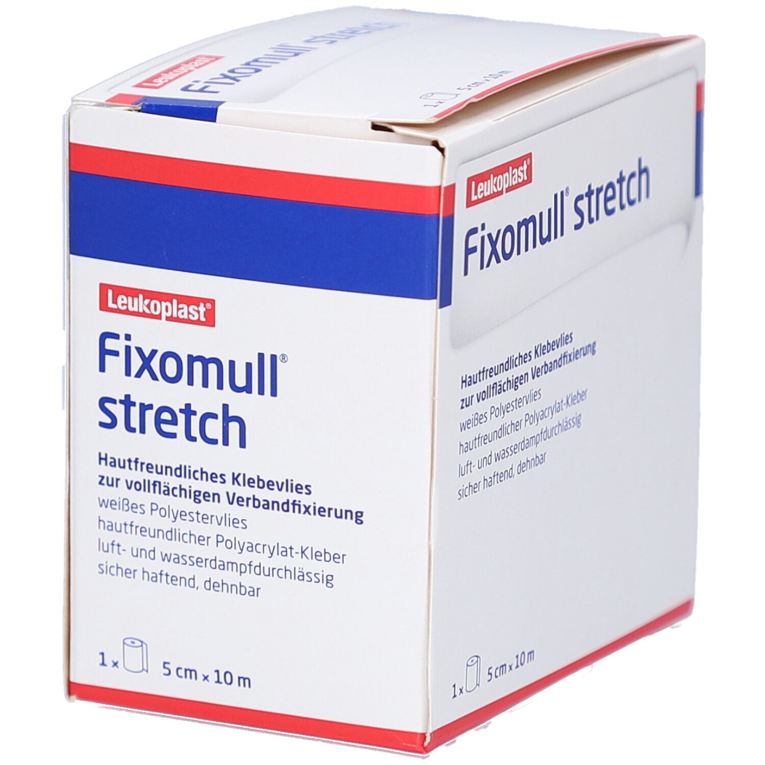 Verpackung von Fixomull stretch. Aufschrift: Leukoplast, Fixomull stretch, 5 cm x 10 m. Klebevlies zur Fixierung.