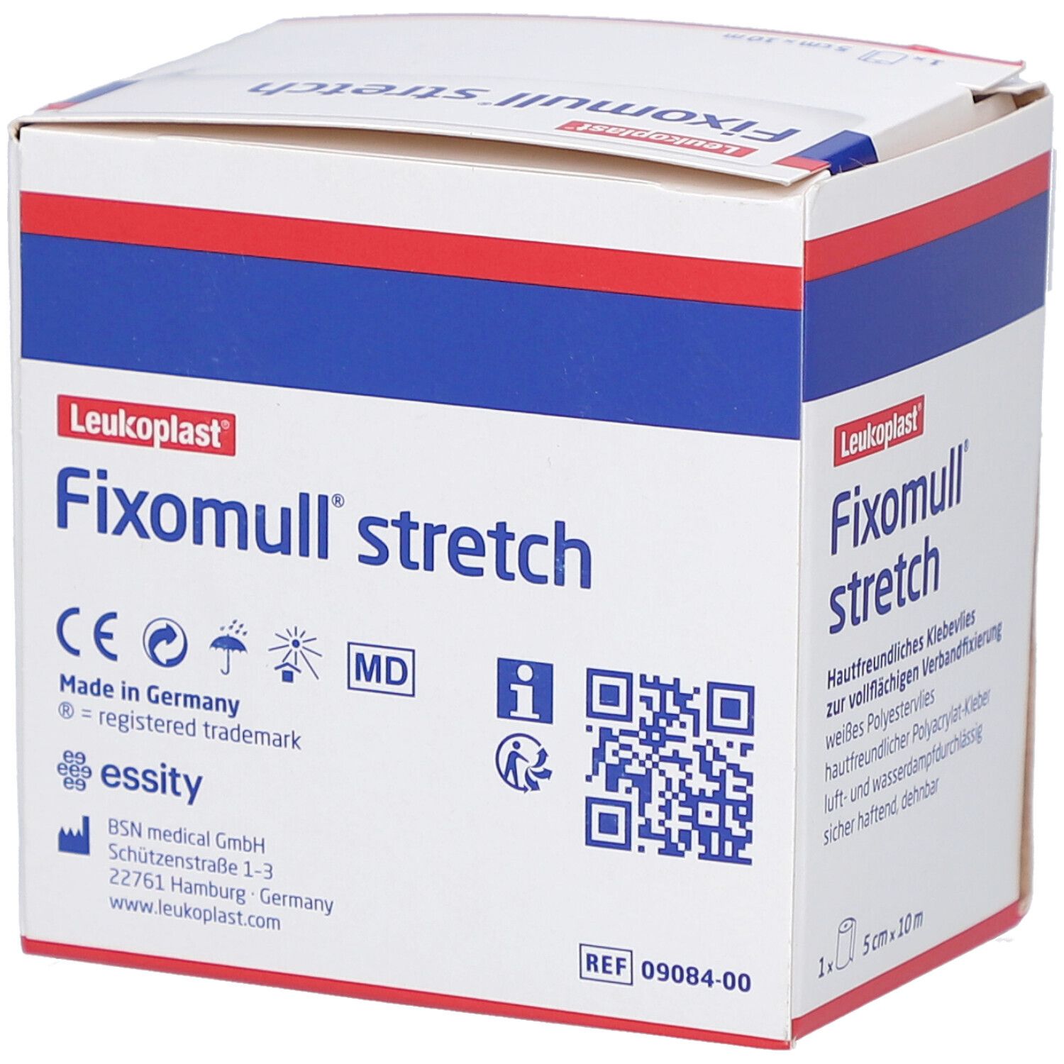 Verpackung von Fixomull stretch. Aufschrift: Leukoplast, Fixomull stretch, 5 cm x 10 m. Mit CE-Kennzeichnung und MD.