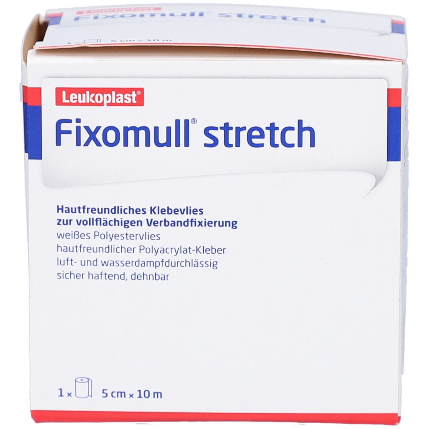Verpackung von Fixomull stretch. Aufschrift: Leukoplast, Fixomull stretch, 5 cm x 10 m. Klebevlies zur Fixierung.