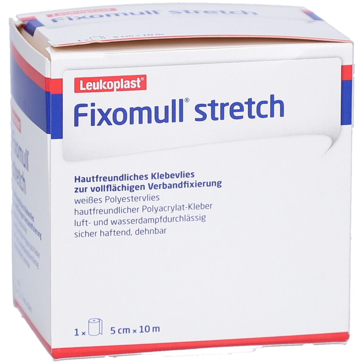 Verpackung von Fixomull stretch. Aufschrift: Leukoplast, Fixomull stretch, 5 cm x 10 m. Klebevlies zur Fixierung.