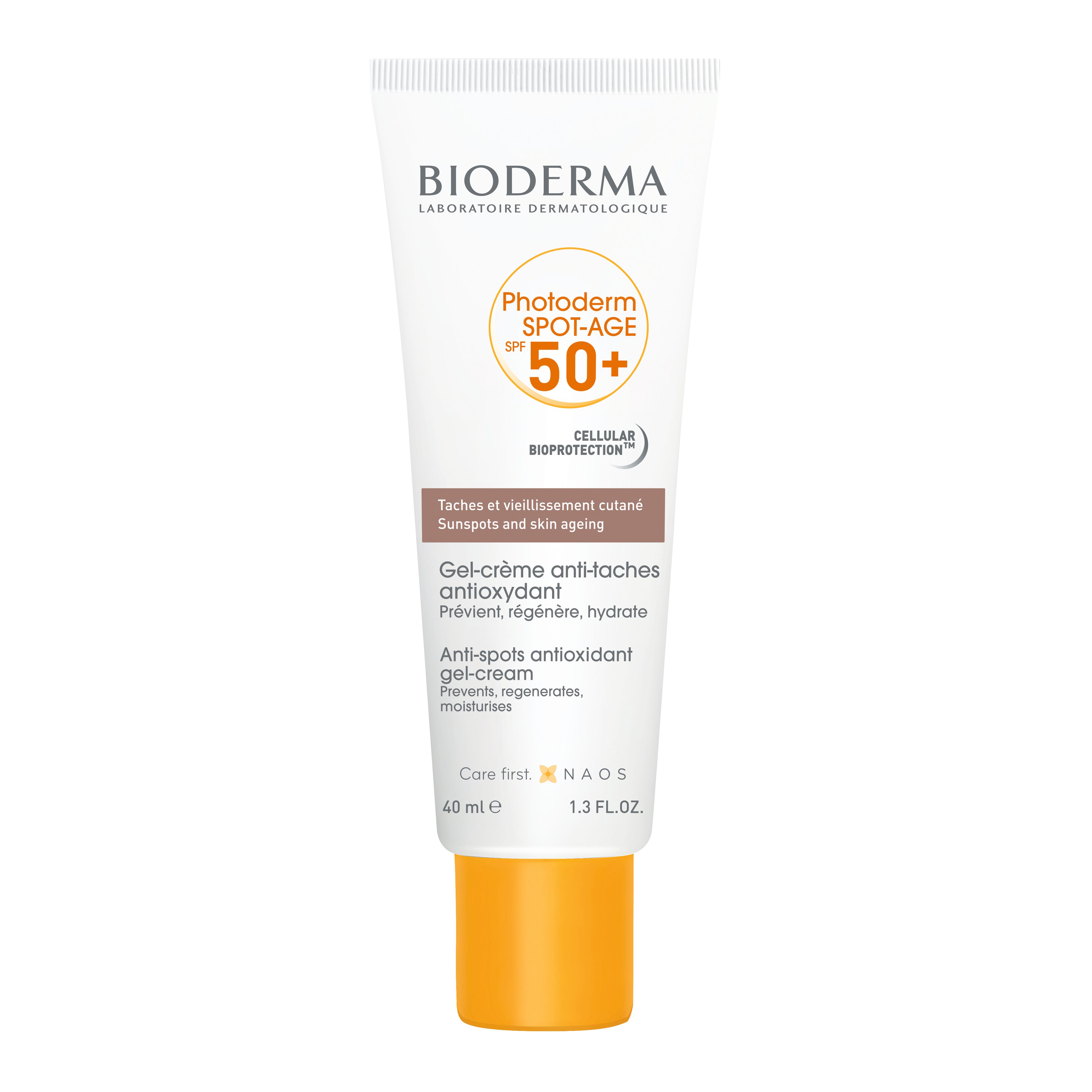 Weiße Tube mit gelbem Verschluss. Aufschrift: BIODERMA, Photoderm SPOT-AGE SPF 50+. Text in mehreren Sprachen.