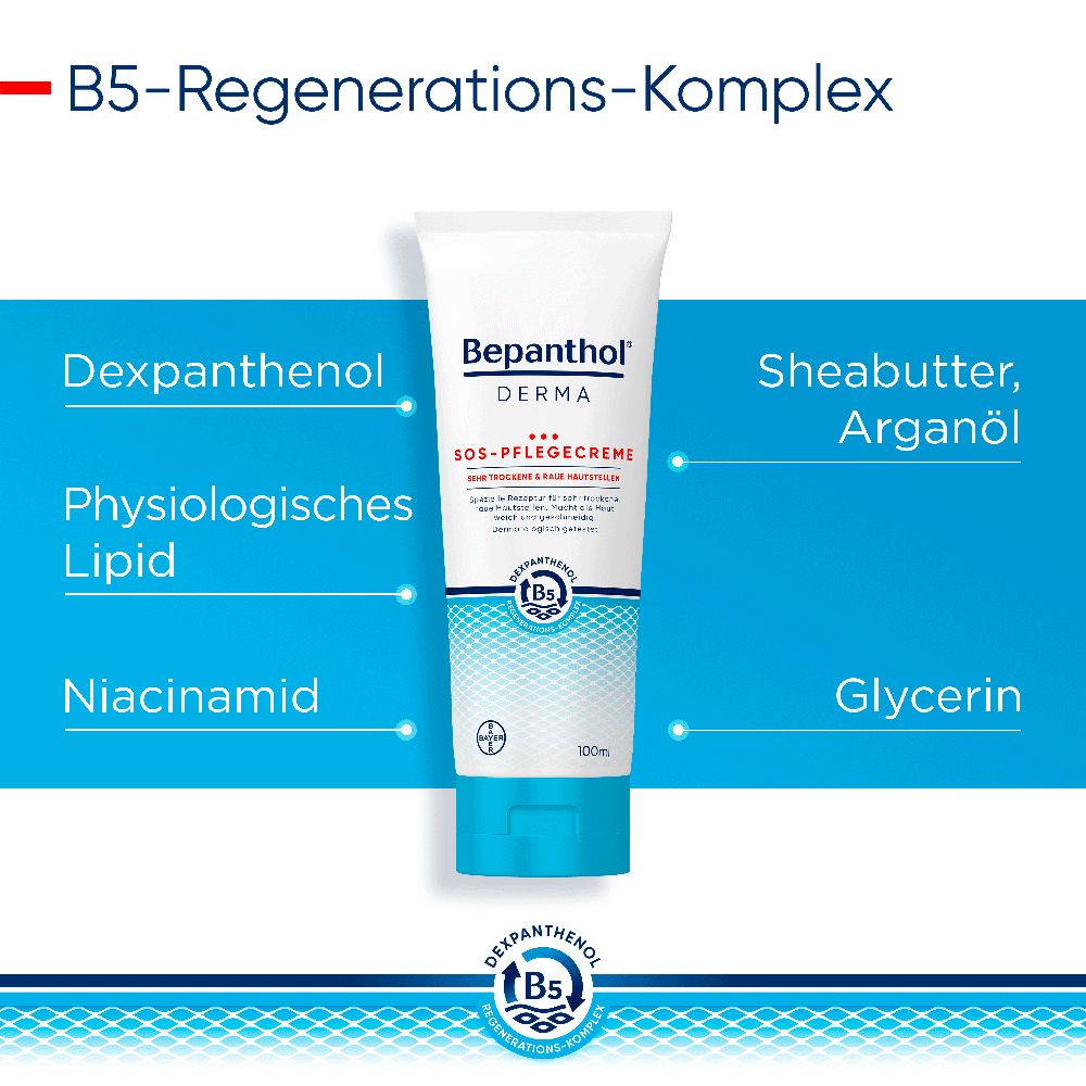 Bepanthol® DERMA SOS-Pflegecreme, Körperpflege für sehr trockene und raue Hautstellen, dermatologisch getestete Feuchtigkeitscreme mit Dexpanthenol