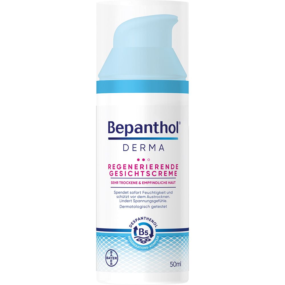 Bepanthol® DERMA Regenerierende Gesichtscreme, Gesichtspflege für empfindliche und sehr trockene Haut, dermatologisch getestete Feuchtigkeitscreme mit Dexpanthenol, nicht-komedogene Gesichtscreme