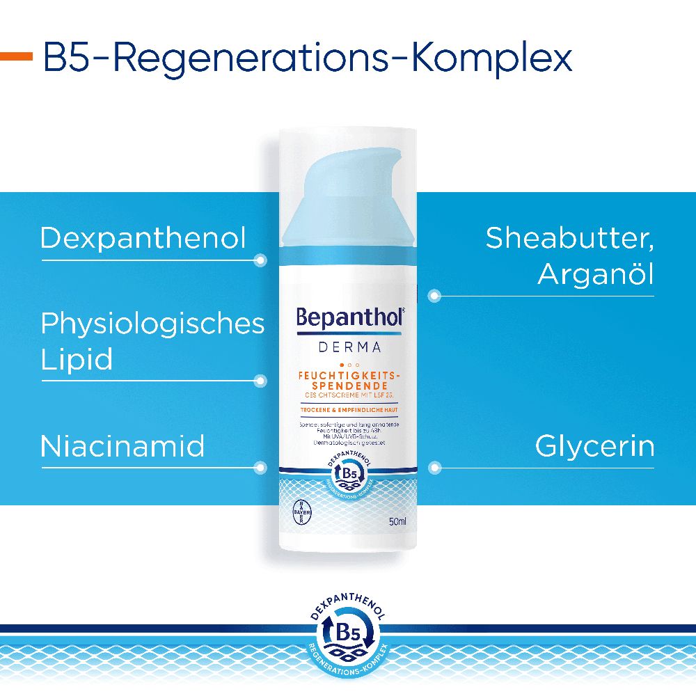 Bepanthol® DERMA Feuchtigkeitsspendende Gesichtscreme mit LSF 25, Gesichtspflege für empfindliche und trockene Haut, dermatologisch getestete Feuchtigkeitscreme mit Dexpanthenol