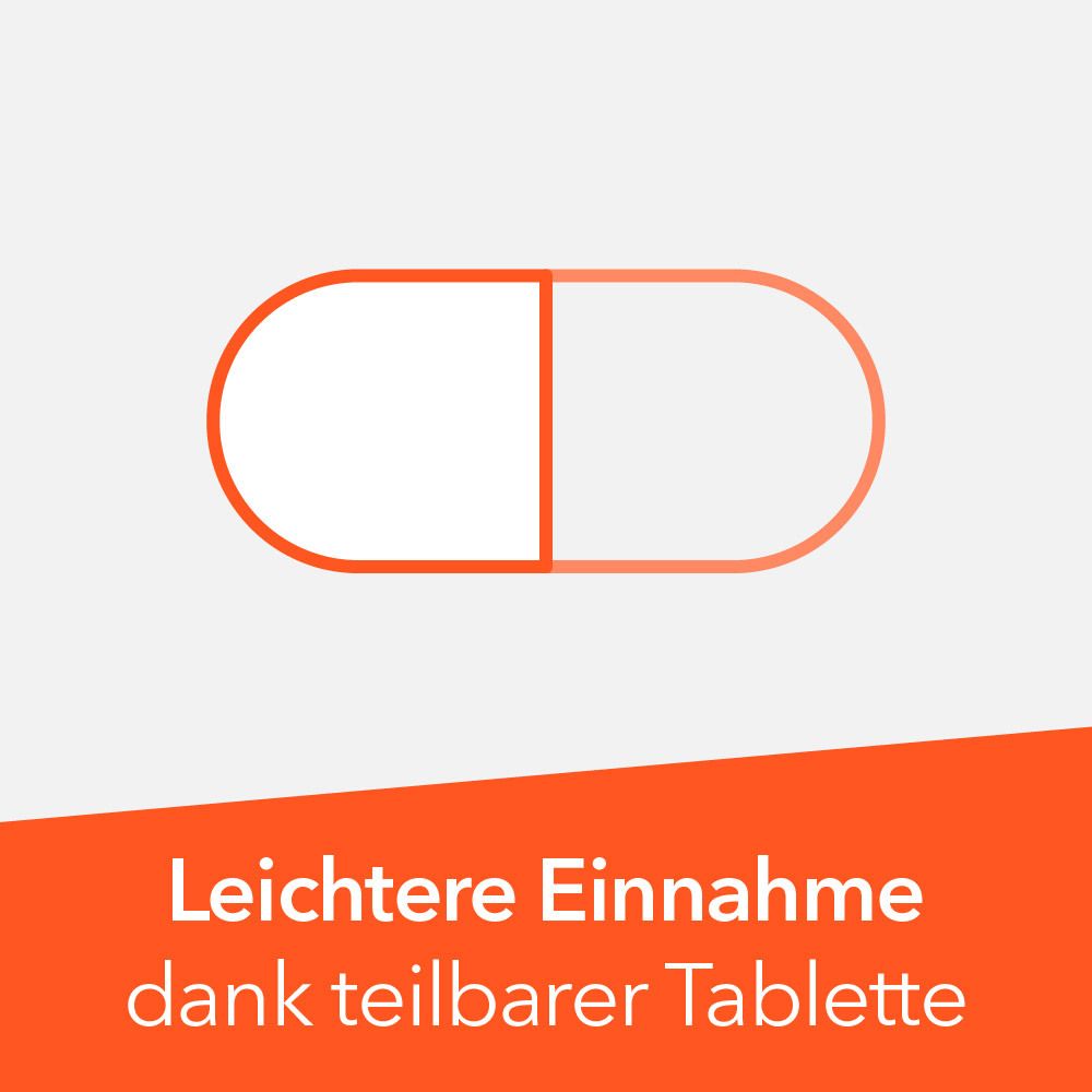 Orangefarbene Grafik mit Tablettensymbol und Text: Leichtere Einnahme dank teilbarer Tablette.