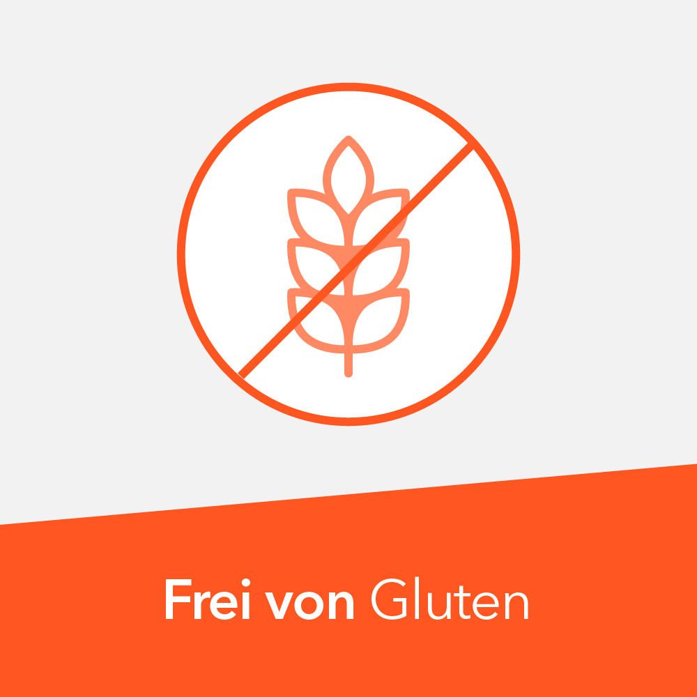 Orangefarbene Grafik mit Glutenfrei-Symbol und Text: Frei von Gluten.