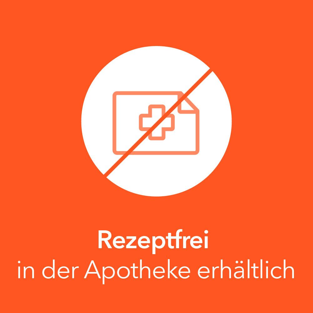 Orangefarbene Grafik mit Apotheken-Symbol und Text: Rezeptfrei in der Apotheke erhältlich.