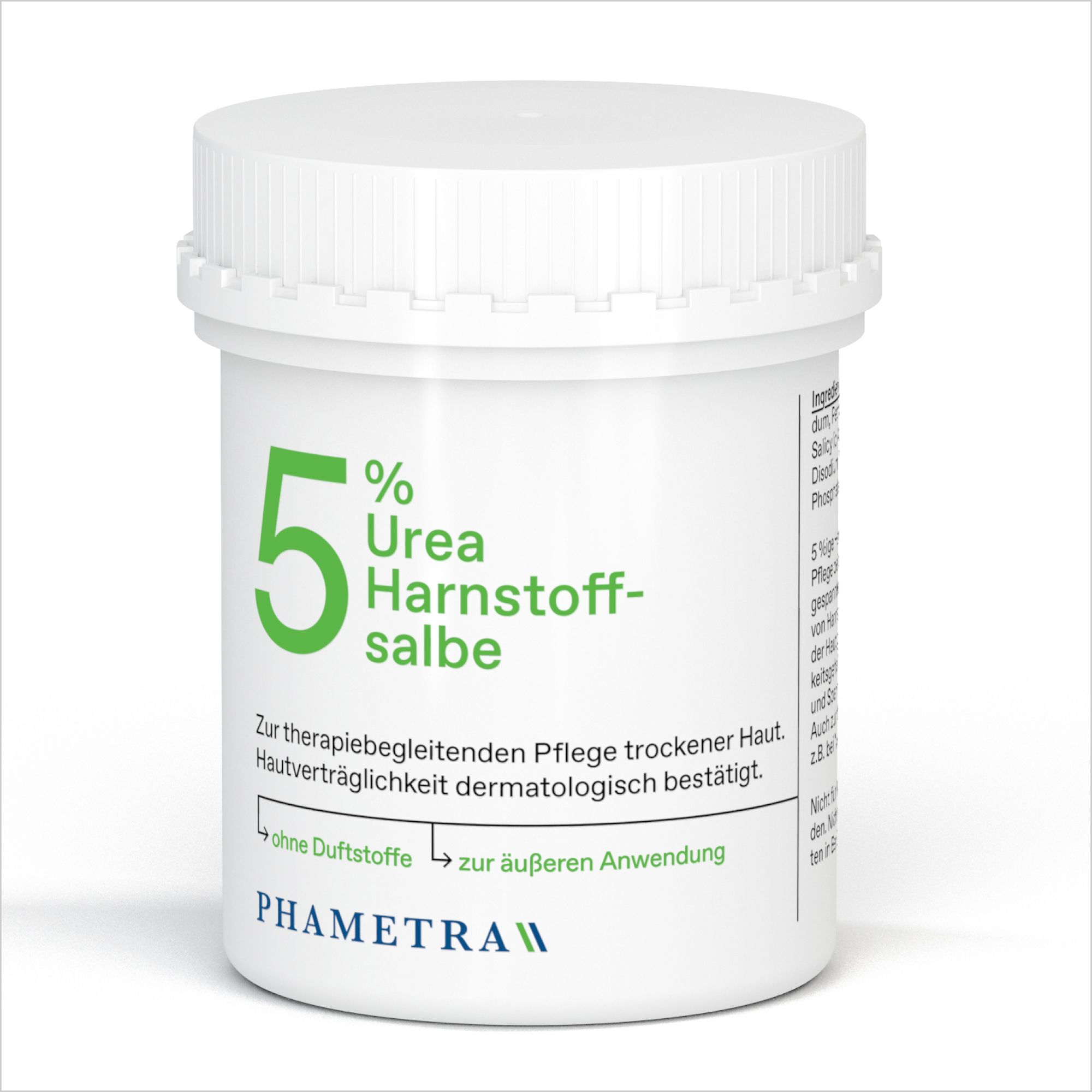Weiße Dose mit grünem Aufdruck: 5% Urea Harnstoffsalbe. Text: Zur therapiebegleitenden Pflege trockener Haut. Marke: PHARMETRA.