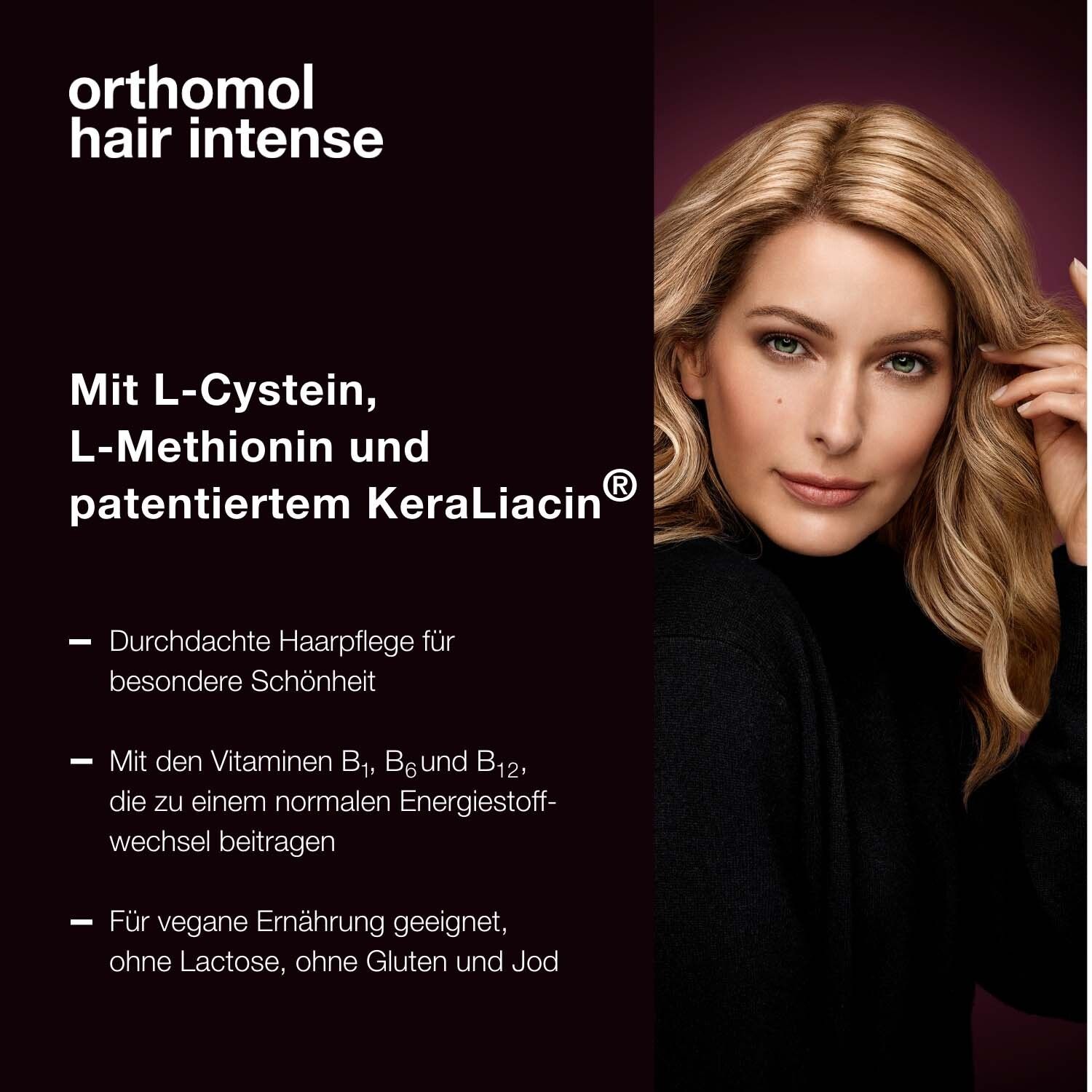 Frau mit blonden Haaren. Orthomol hair intense. Mit L-Cystein, L-Methionin und KeraLiacin. Informationen.