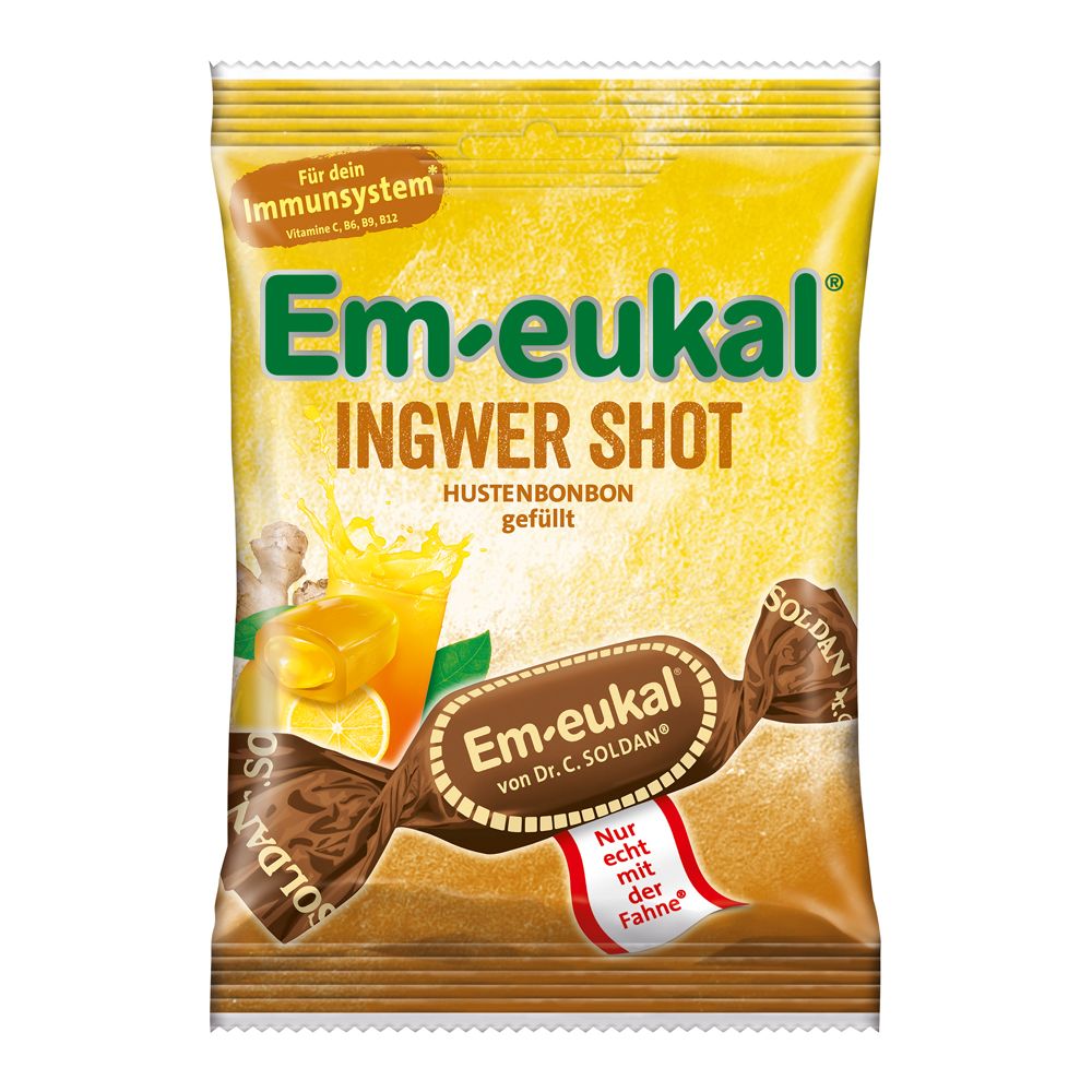 Gelbe Verpackung mit Produktabbildung und Schriftzug: Em-eukal Ingwer Shot Hustenbonbon gefüllt. Abbildung von Bonbon und Ingwer.