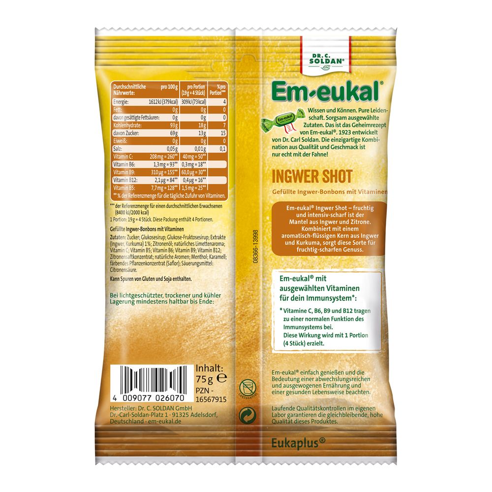 Rückseite der gelben Verpackung. Text mit Nährwertangaben, Zutatenliste und Herstellerinformationen. Produktname: Em-eukal Ingwer Shot.
