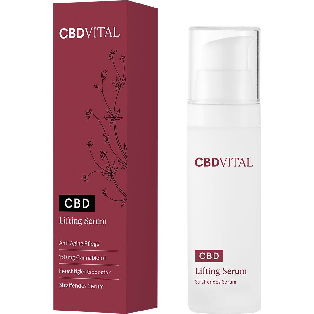 Weißer Spender mit CBDVITAL-Logo und roter Verpackung. Aufschrift: CBD Lifting Serum, Anti-Aging Pflege.