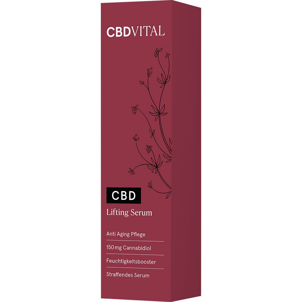 Rote Verpackung mit CBDVITAL-Logo. Aufschrift: CBD Lifting Serum, Anti-Aging Pflege, 150mg Cannabidiol.