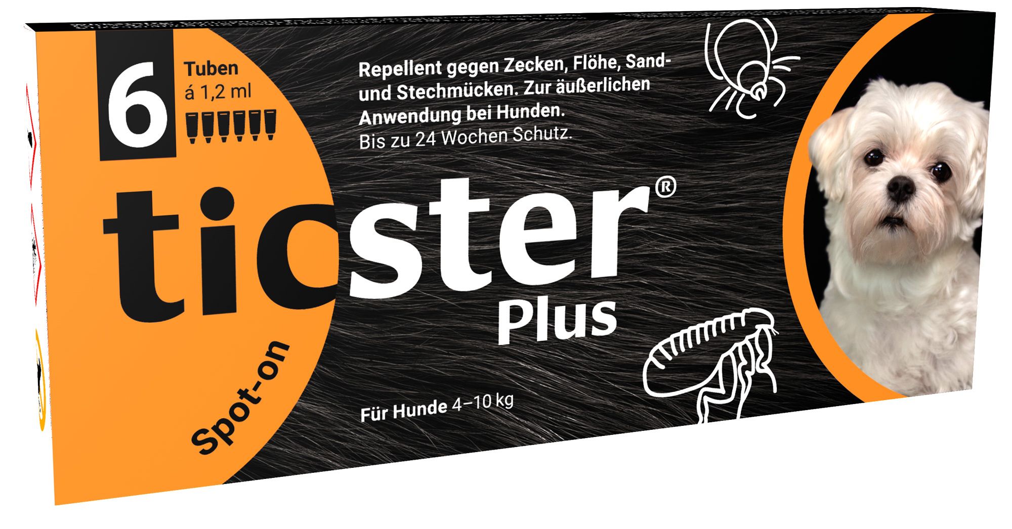 Verpackung von ticster® Plus Spot-on. Enthält 6 Tuben. Aufdruck: Für Hunde 4-10 kg. Mit Hund-Illustration.