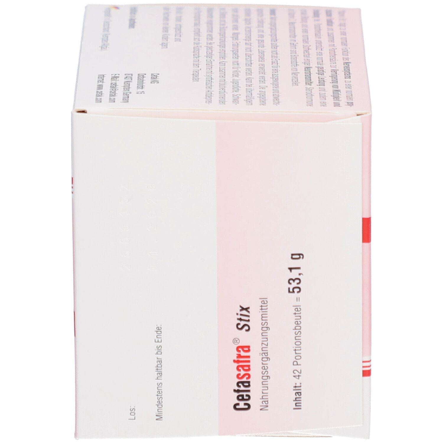 Karton Cefasafra Stix, vegan, mit Safran-Extrakt und Ananas-Geschmack. Enthält 42 Portionsbeutel. Aufdrucke: plus Pantothensäure und Vitamin B12.