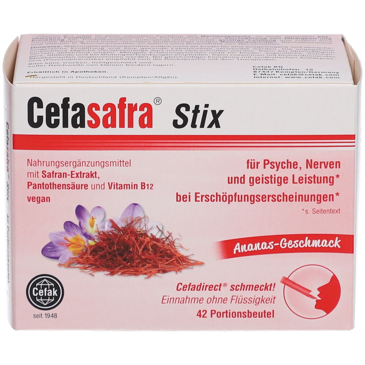 Karton Cefasafra Stix, vegan, mit Safran-Extrakt und Ananas-Geschmack. Enthält 42 Portionsbeutel. Aufdrucke: plus Pantothensäure und Vitamin B12.