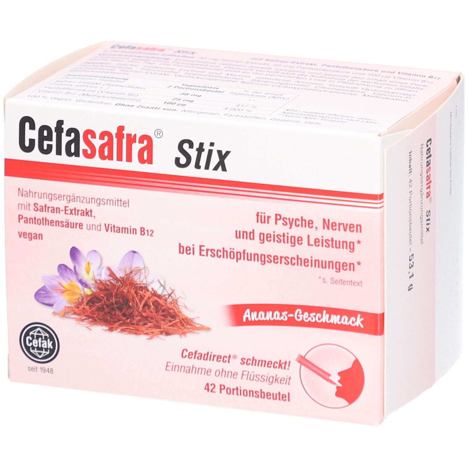 Karton Cefasafra Stix, vegan, mit Safran-Extrakt und Ananas-Geschmack. Enthält 42 Portionsbeutel. Aufdrucke: plus Pantothensäure und Vitamin B12.