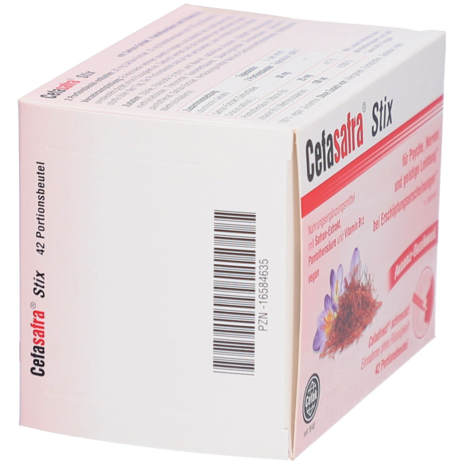 Karton Cefasafra Stix, vegan, mit Safran-Extrakt und Ananas-Geschmack. Enthält 42 Portionsbeutel. Aufdrucke: plus Pantothensäure und Vitamin B12.