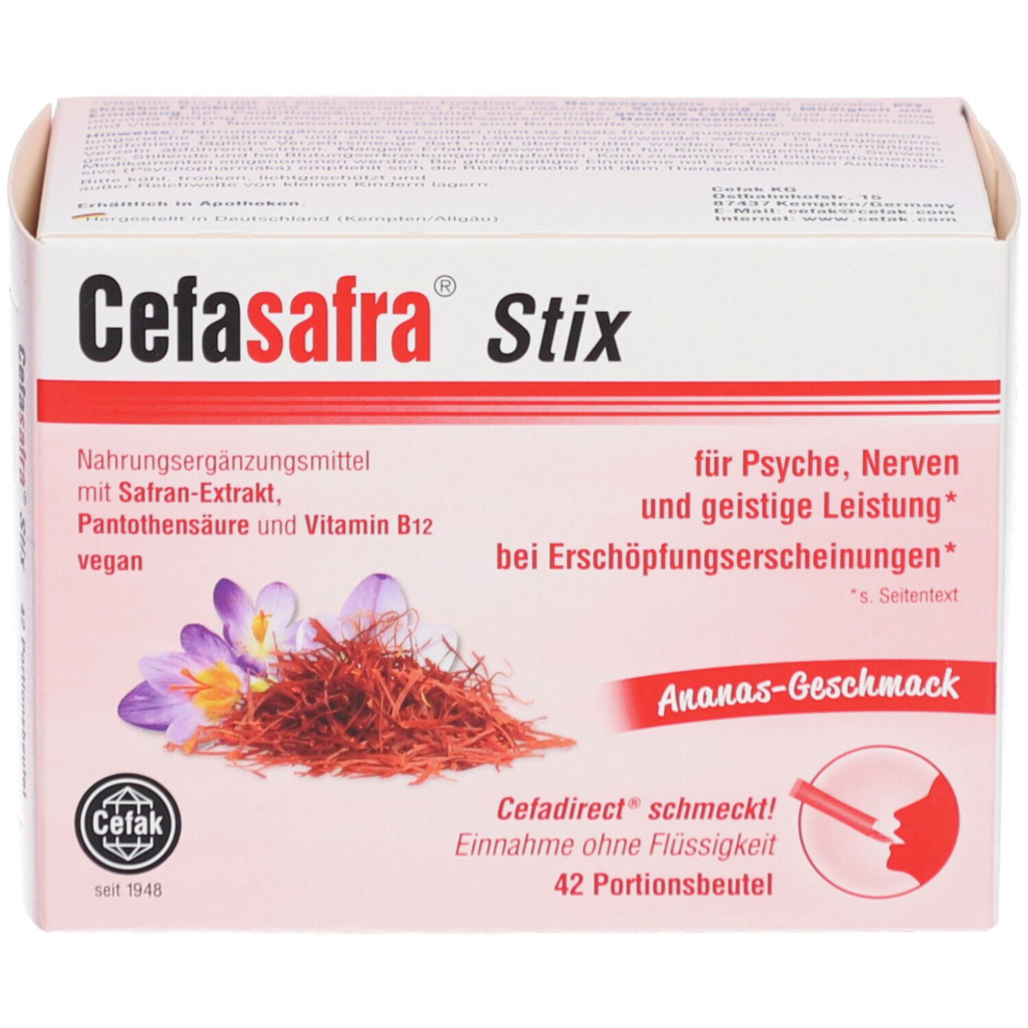 Karton Cefasafra Stix, vegan, mit Safran-Extrakt und Ananas-Geschmack. Enthält 42 Portionsbeutel. Aufdrucke: plus Pantothensäure und Vitamin B12.