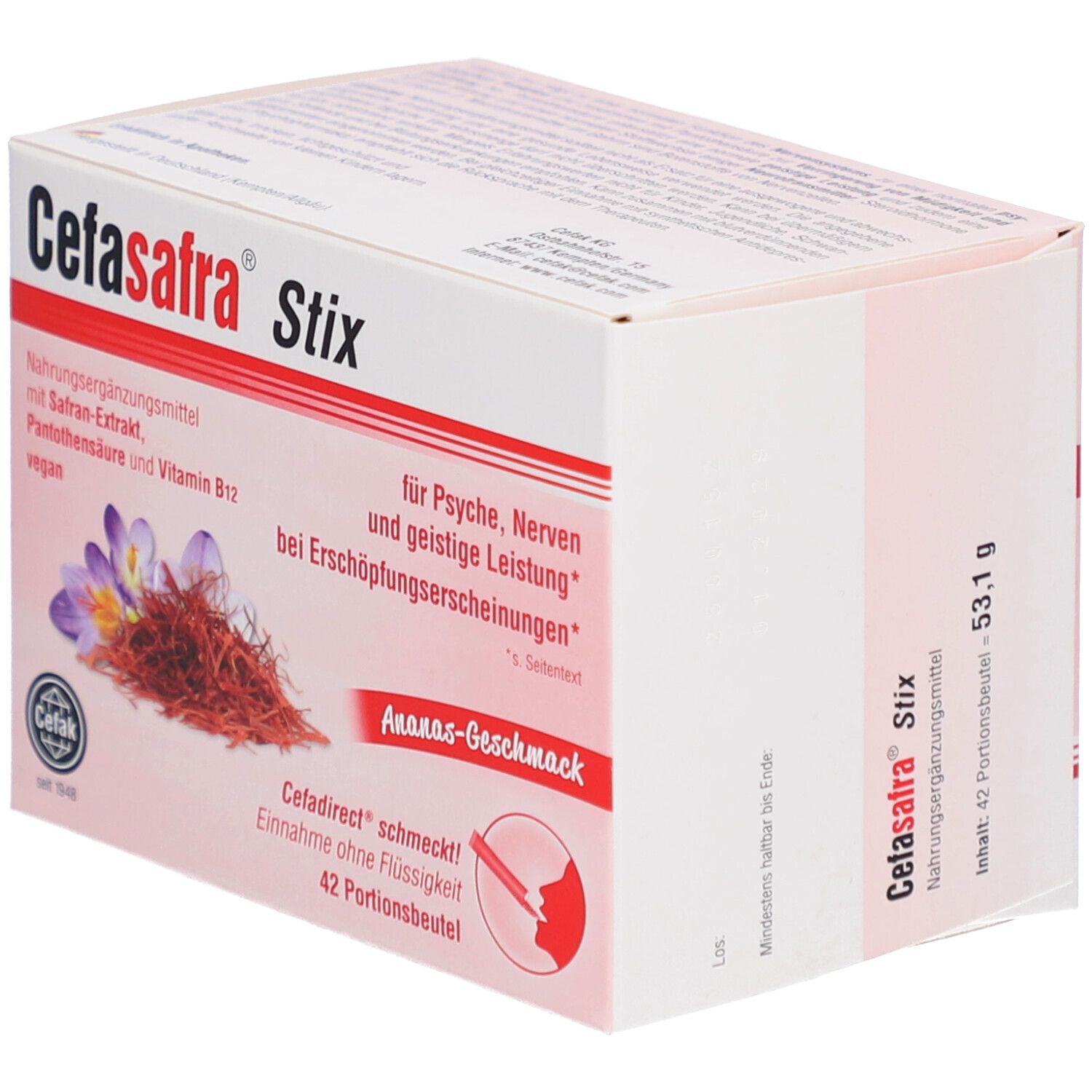 Karton Cefasafra Stix, vegan, mit Safran-Extrakt und Ananas-Geschmack. Enthält 42 Portionsbeutel. Aufdrucke: plus Pantothensäure und Vitamin B12.