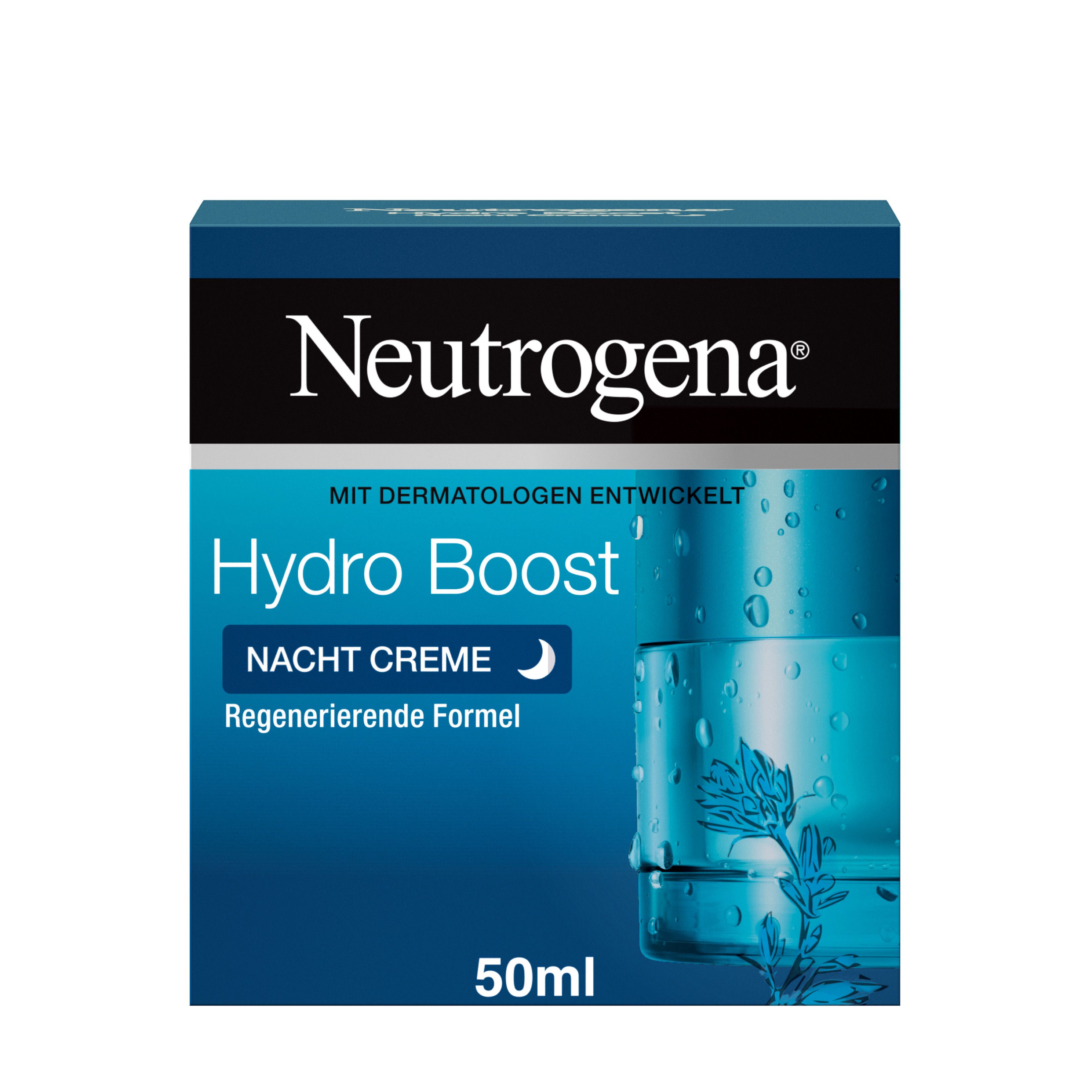 Blau-weiße Verpackung von Neutrogena Hydro Boost Nachtcreme. Text: Hydro Boost Nachtcreme, Regenerierende Formel, 50ml.
