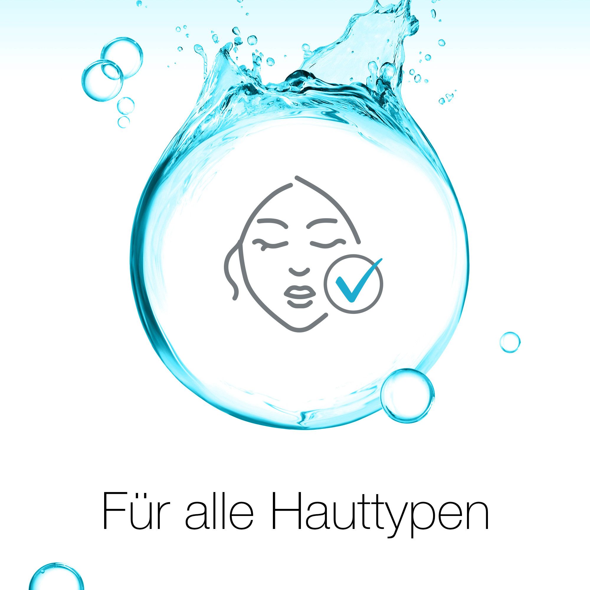 Grafik mit Gesicht und Häkchen in einer Wasserblase. Text: Für alle Hauttypen.