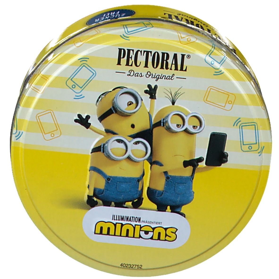 Runde Dose mit Minions-Motiv. Aufschrift PECTORAL, Minions und "Das Original". Gelber Hintergrund mit Handys.