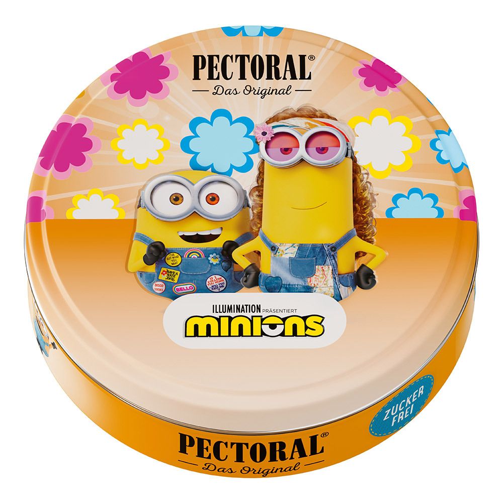 Runde Dose mit Minions-Illustration. PECTORAL-Logo, Schriftzug 'Zuckerfrei'.