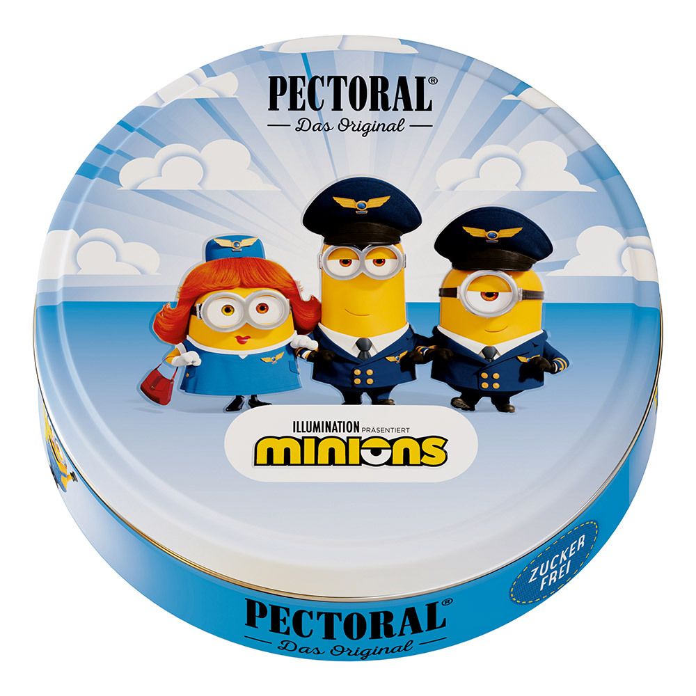 Runde Dose mit Minions-Motiv. Oben: PECTORAL-Schriftzug. Darunter: drei Minions als Piloten. Blauer Deckel mit Wolken.