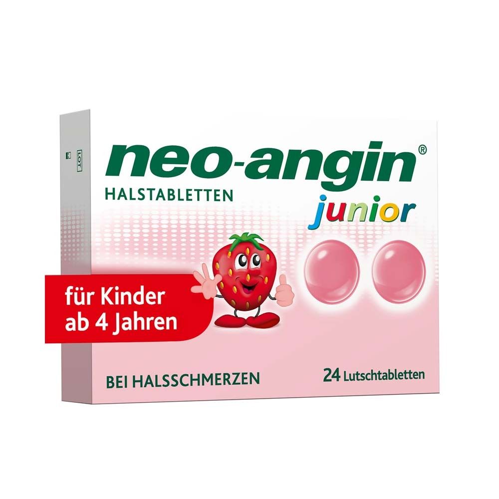 Packung neo-angin junior Halstabletten. Erdbeer-Maskottchen und zwei Lutschtabletten. Text: Für Kinder ab 4 Jahren.