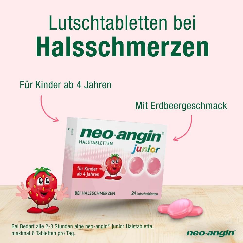 Produktverpackung und Erdbeer-Maskottchen. Text: Lutschtabletten bei Halsschmerzen. Für Kinder ab 4 Jahren. Mit Erdbeergeschmack.