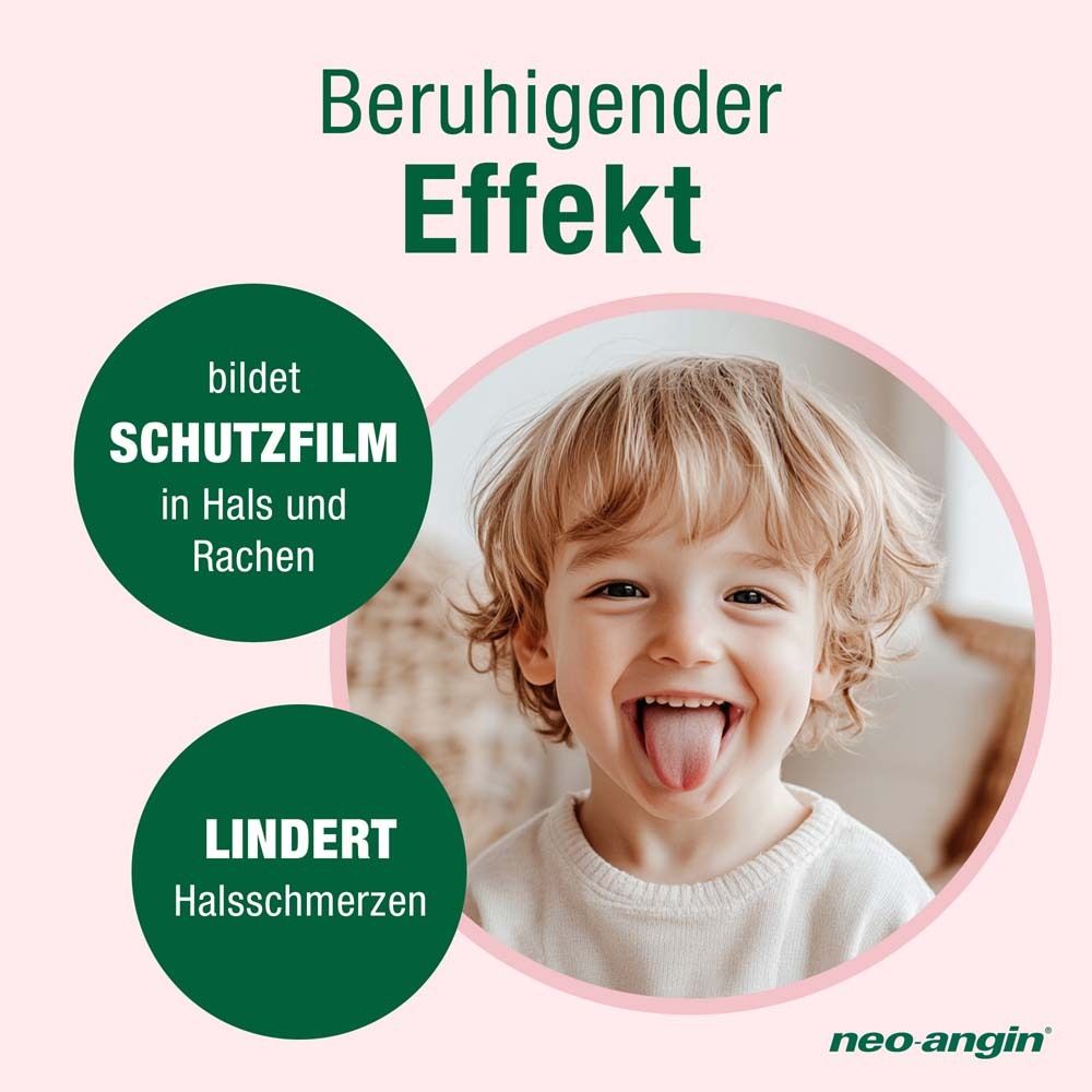 Kind mit Zunge raus. Text: Beruhigender Effekt. Bildet Schutzfilm in Hals und Rachen. Lindert Halsschmerzen. neo-angin Logo.